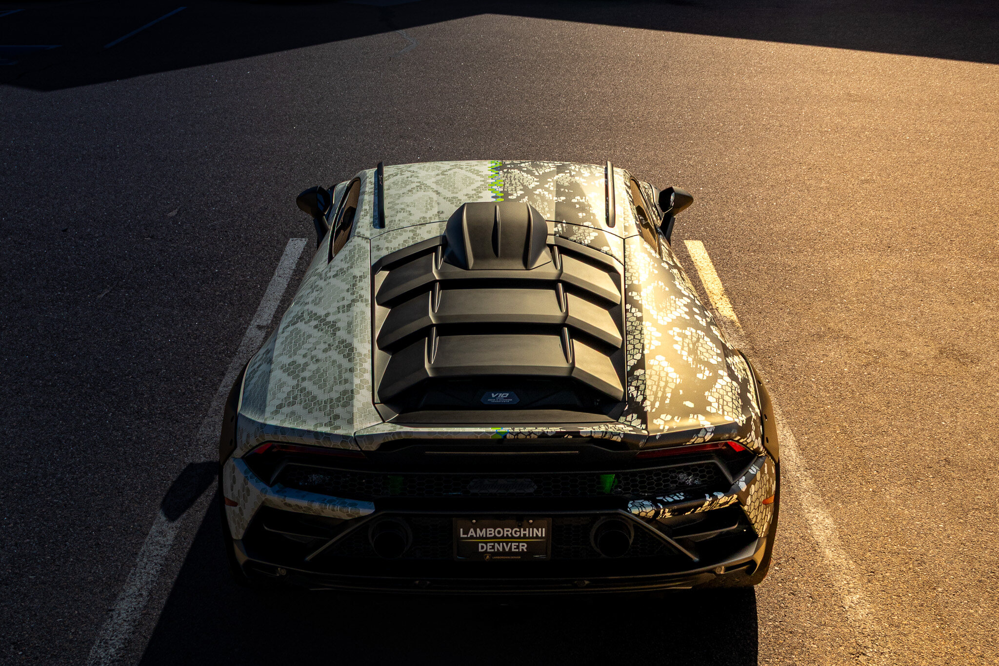 Lamborghini Huracan with a snakeskin wrap, seen from above in golden-hour light