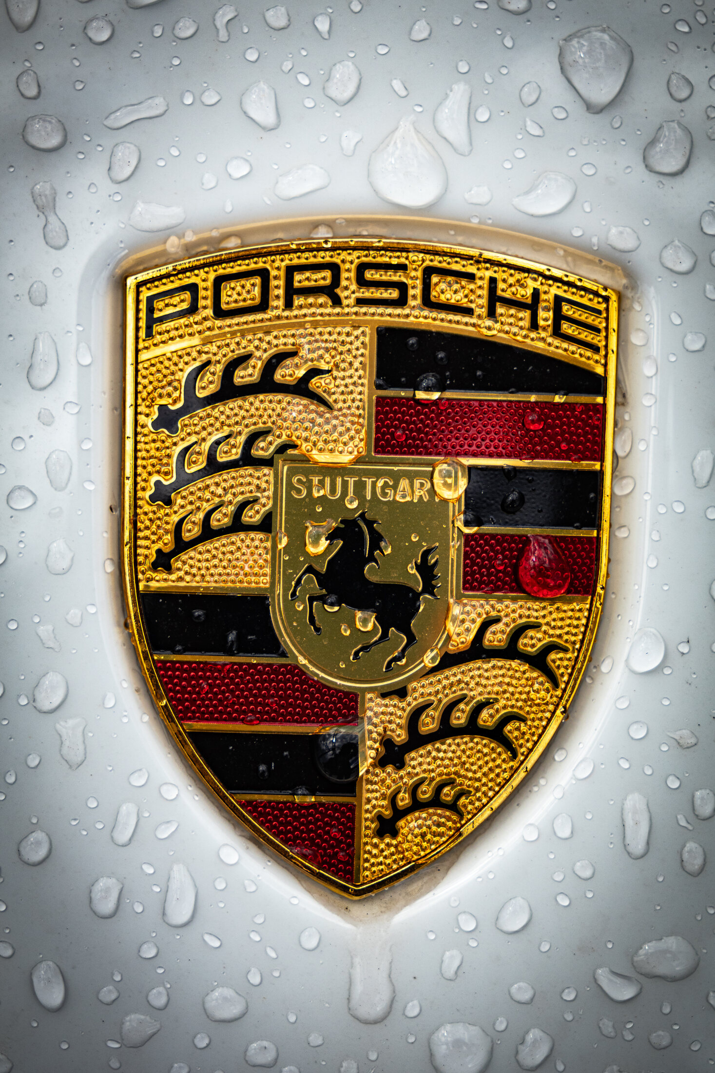 Porsche crest badge on a white car covered in fresh rain droplets